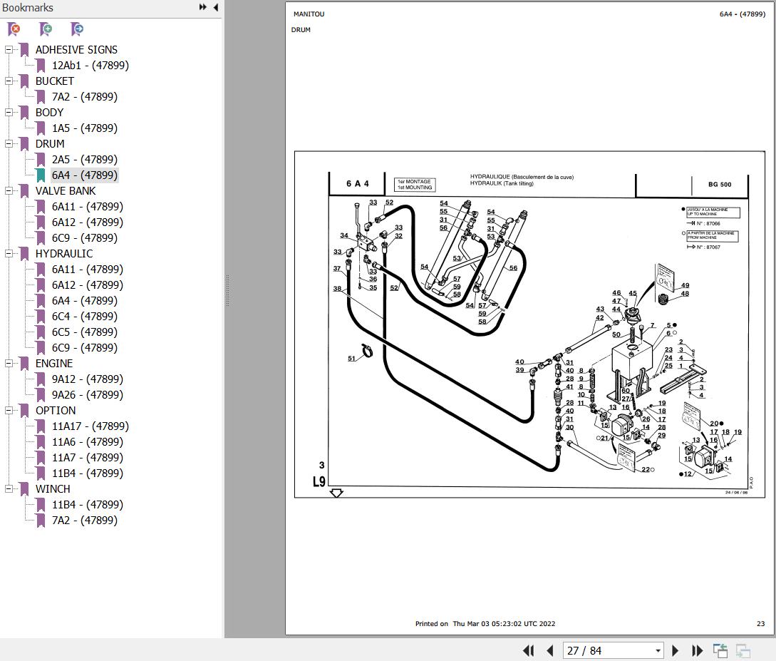 Manitou Concrete Mixer BG 500 Parts Catalog 647899