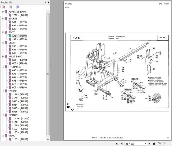Manitou Concrete Mixer BH 340 MOT 4 CV TRIPHASE M100LA Parts Catalog 647899