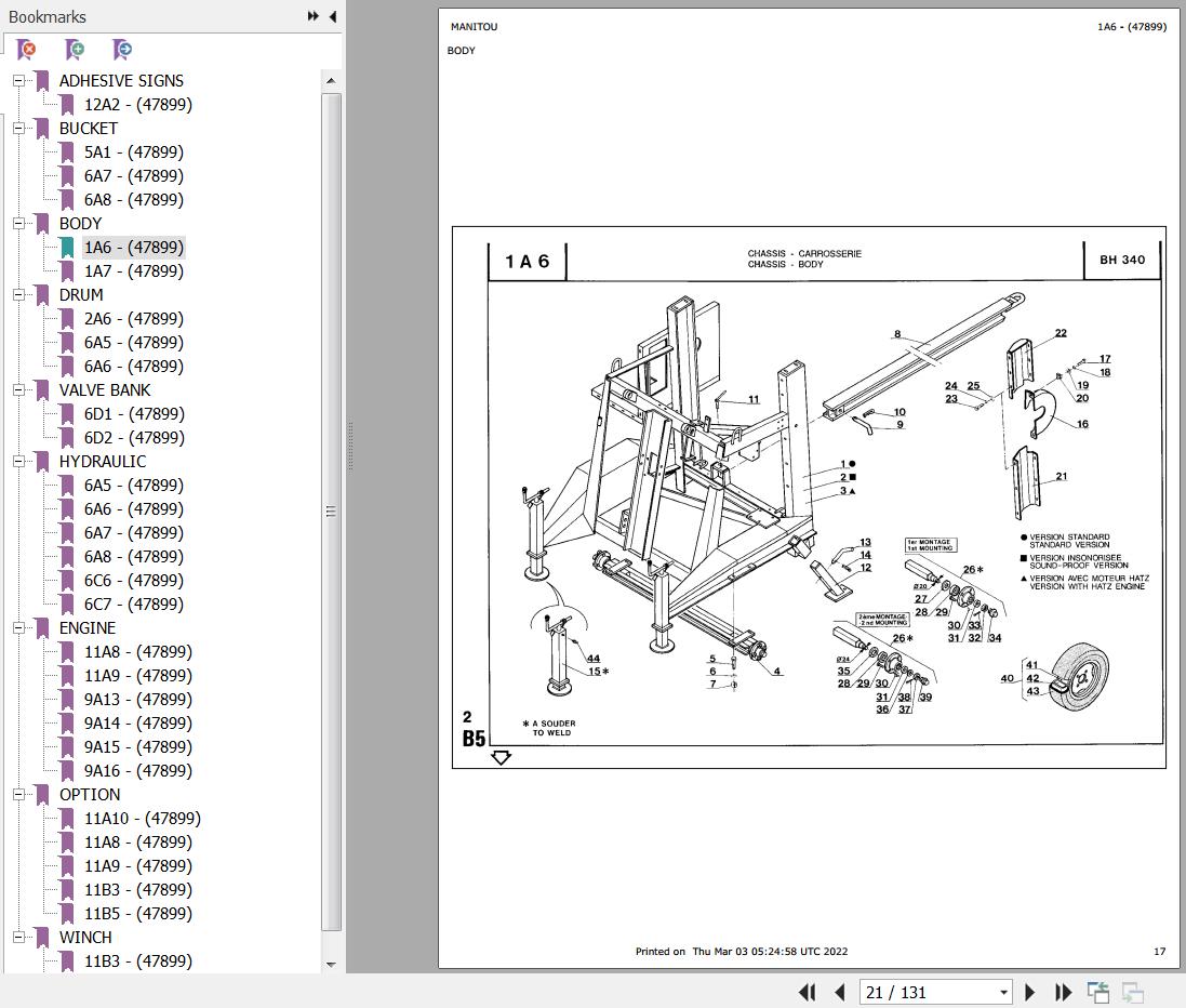 Manitou Concrete Mixer BH 340 MOT 4 CV TRIPHASE M100LA Parts Catalog 647899