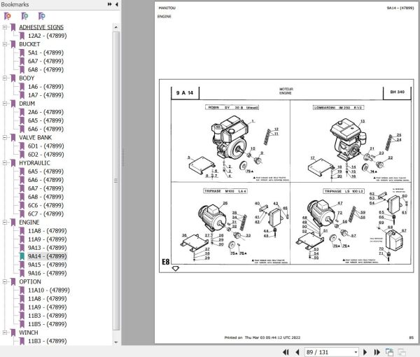 Manitou Concrete Mixer BH 340 MOT LISTER LT1 BUILD 23 Parts Catalog 647899