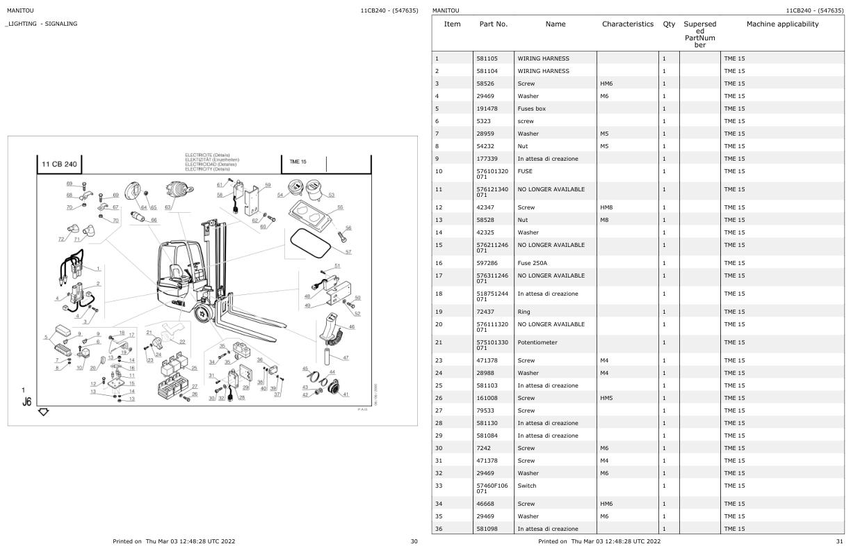 Manitou Forklift TME15 Parts Catalog 547635