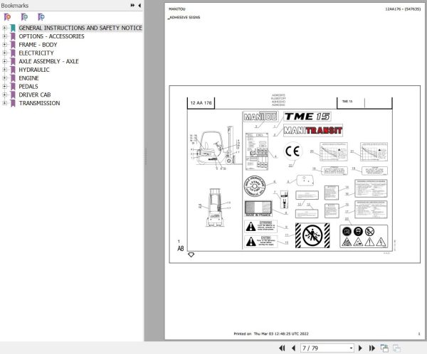 Manitou Forklift TME15 Parts Catalog 547635 1