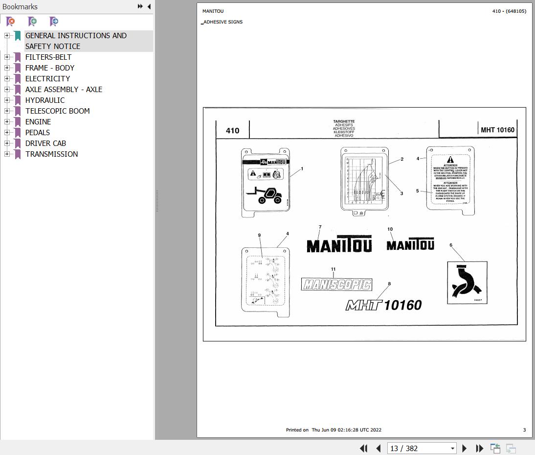 Manitou MHT 10160 L TURBO COMFORT LINE MOTEUR MERCEDES Parts Catalog 648105