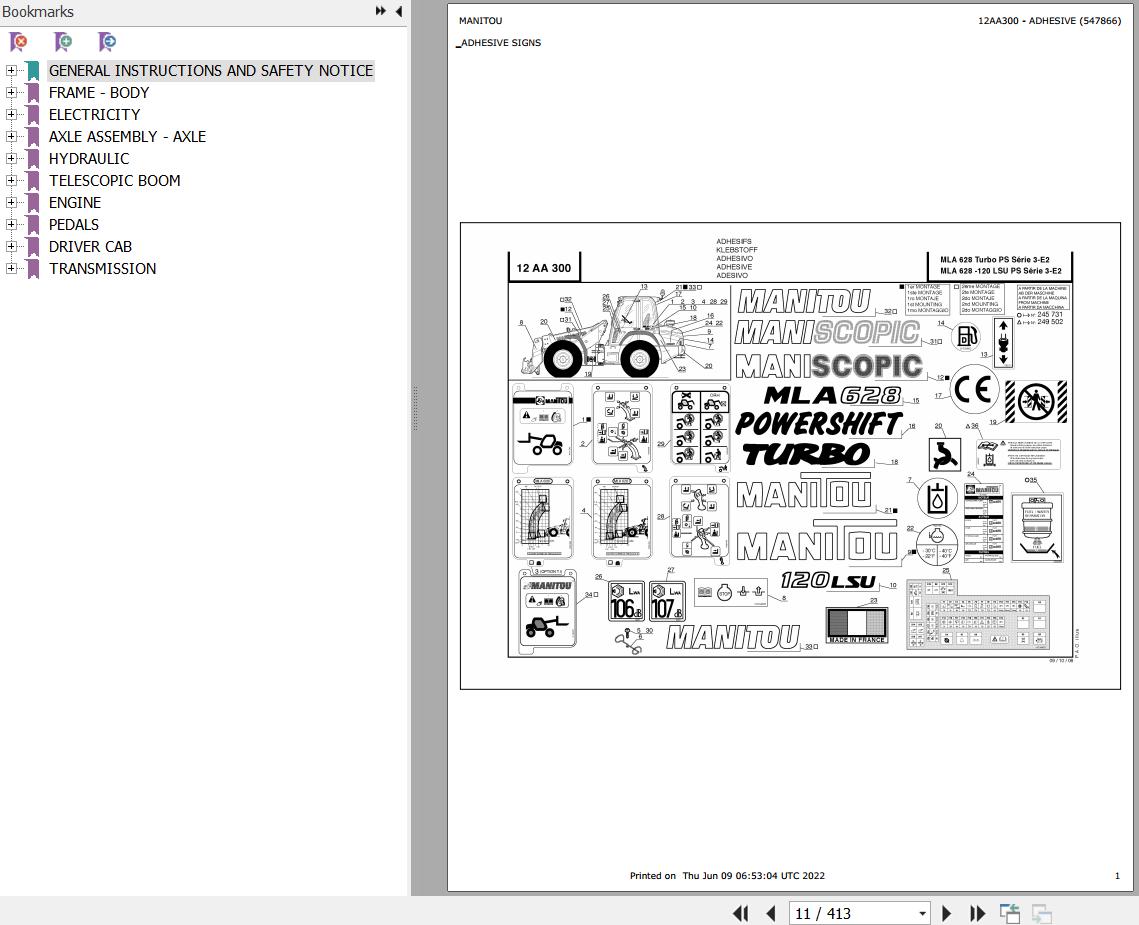 Manitou MLA 628 120 TURBO LSU POWERSHIFT S3 E2 Parts Catalog 547866