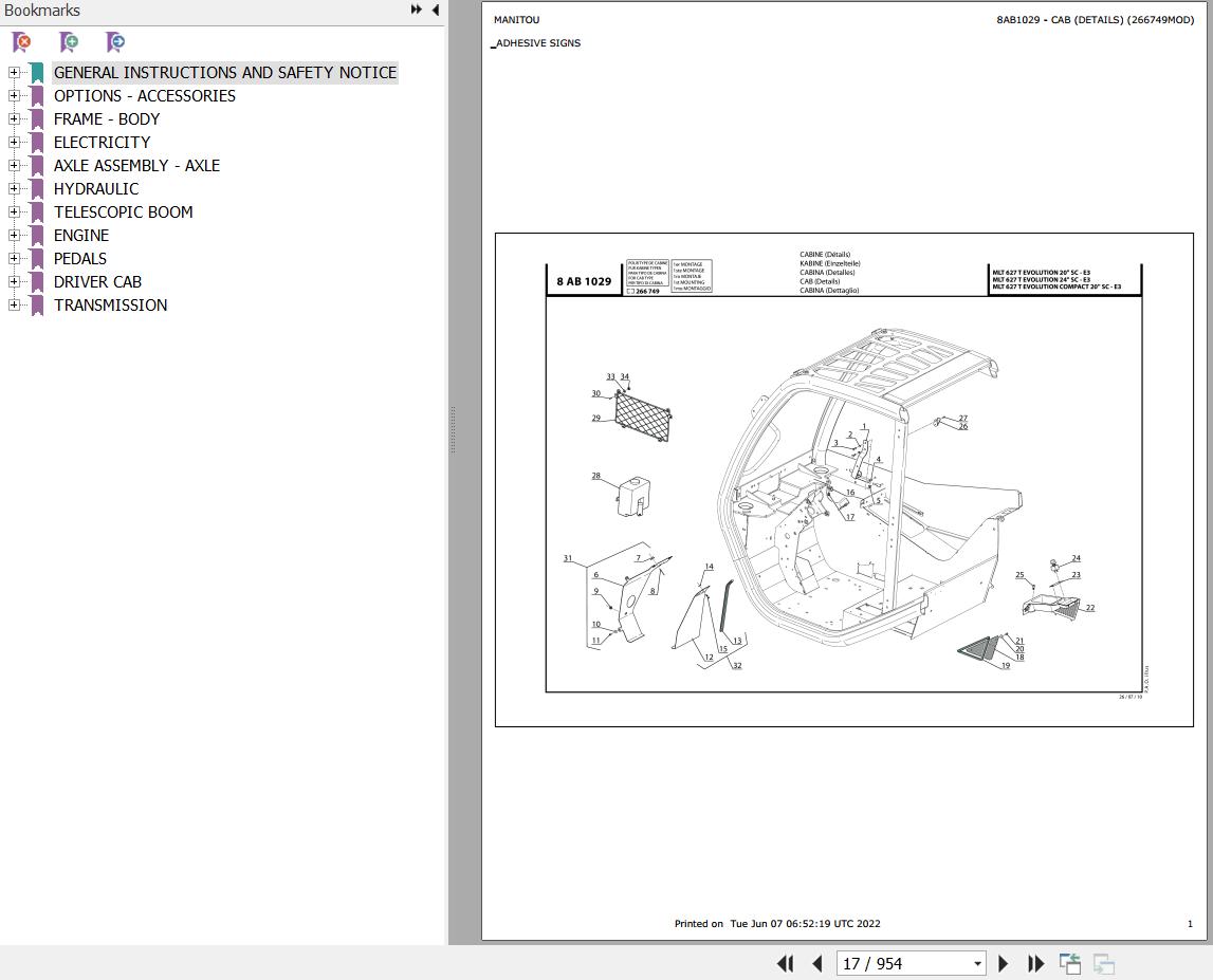 Manitou MLT 627 TURBO EVOLUTION COMPACT 20P SC E3 Parts Catalog 647001