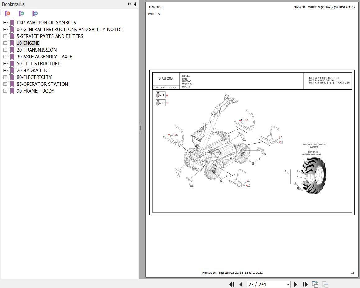 Manitou MLT 733 to MLT 737 130 PS D ST5 S1 Parts Catalog 52103653MO