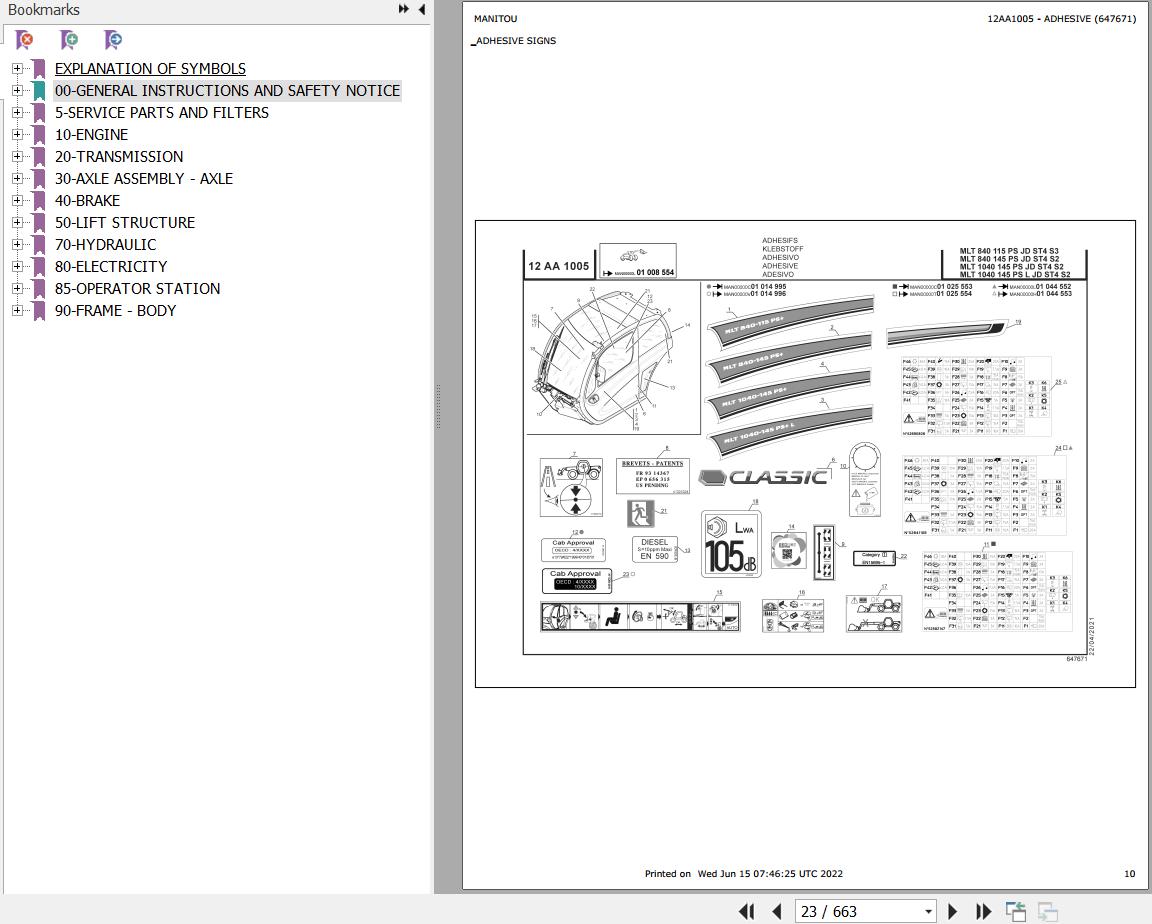 Manitou MLT 840 115 PS JD ST4 S3 MLT 840 1040 145 PS JD ST4 S2 MLT 1040 145 PS L JD ST4 S2 Parts Catalog 647671