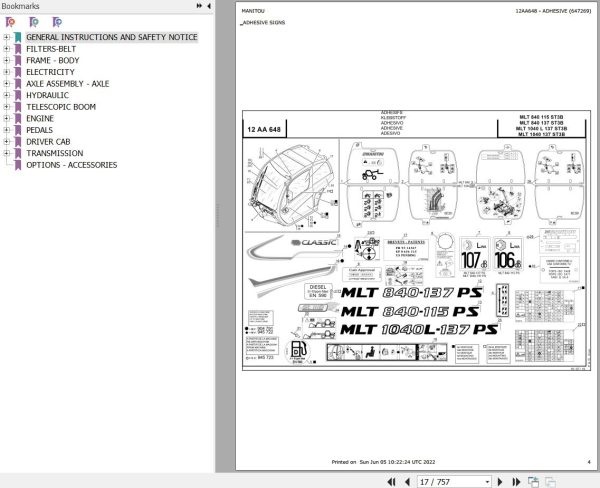 Manitou MLT 840 115 ST3B to MLT 1040 137 ST3B Parts Catalog 647269