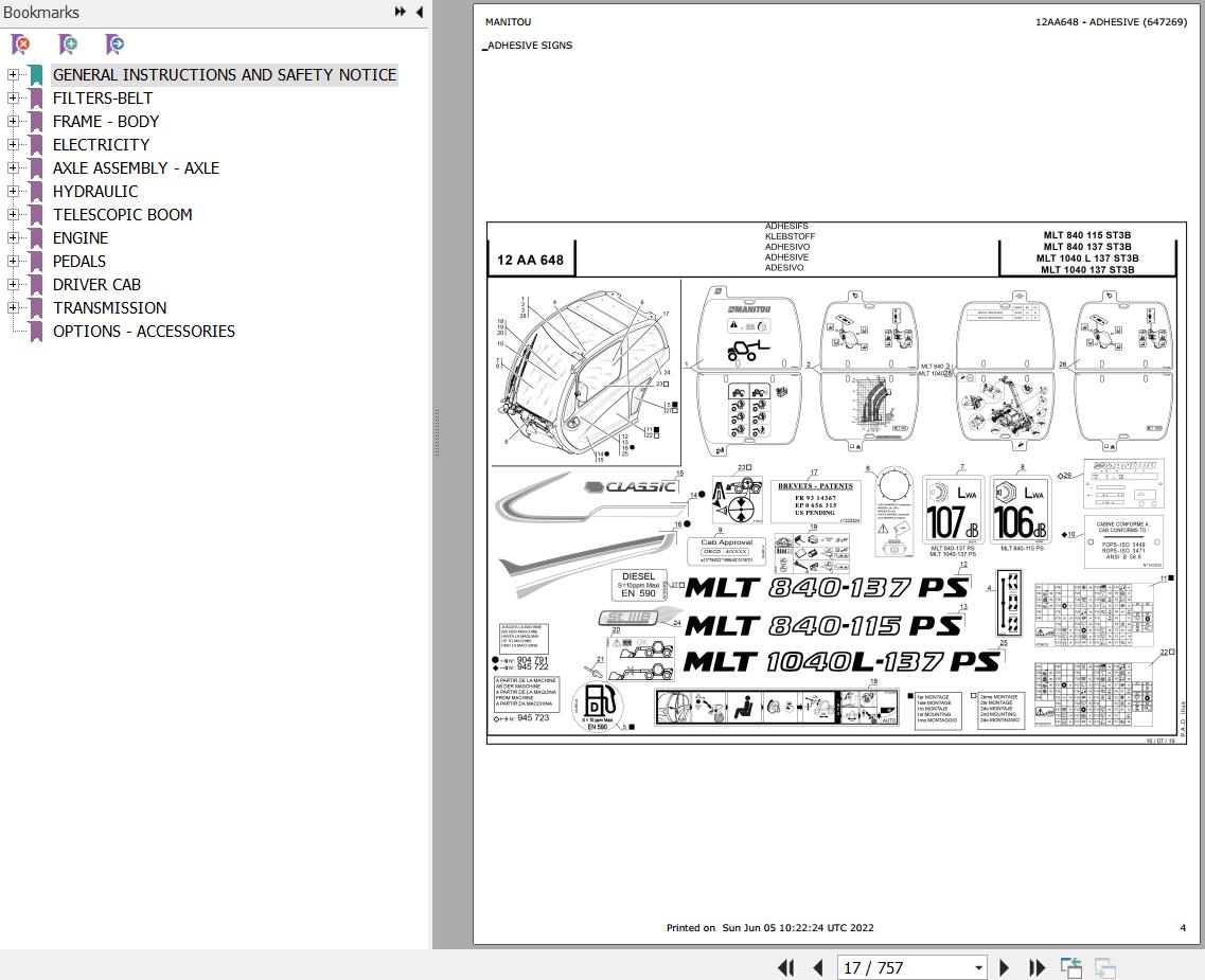 Manitou MLT 840 115 ST3B to MLT 1040 137 ST3B Parts Catalog 647269