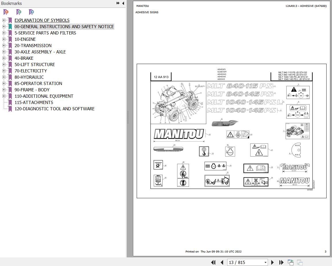 Manitou MLT 840 to MLT 840 115 PS JD ST4 S2 Parts Catalog 647600
