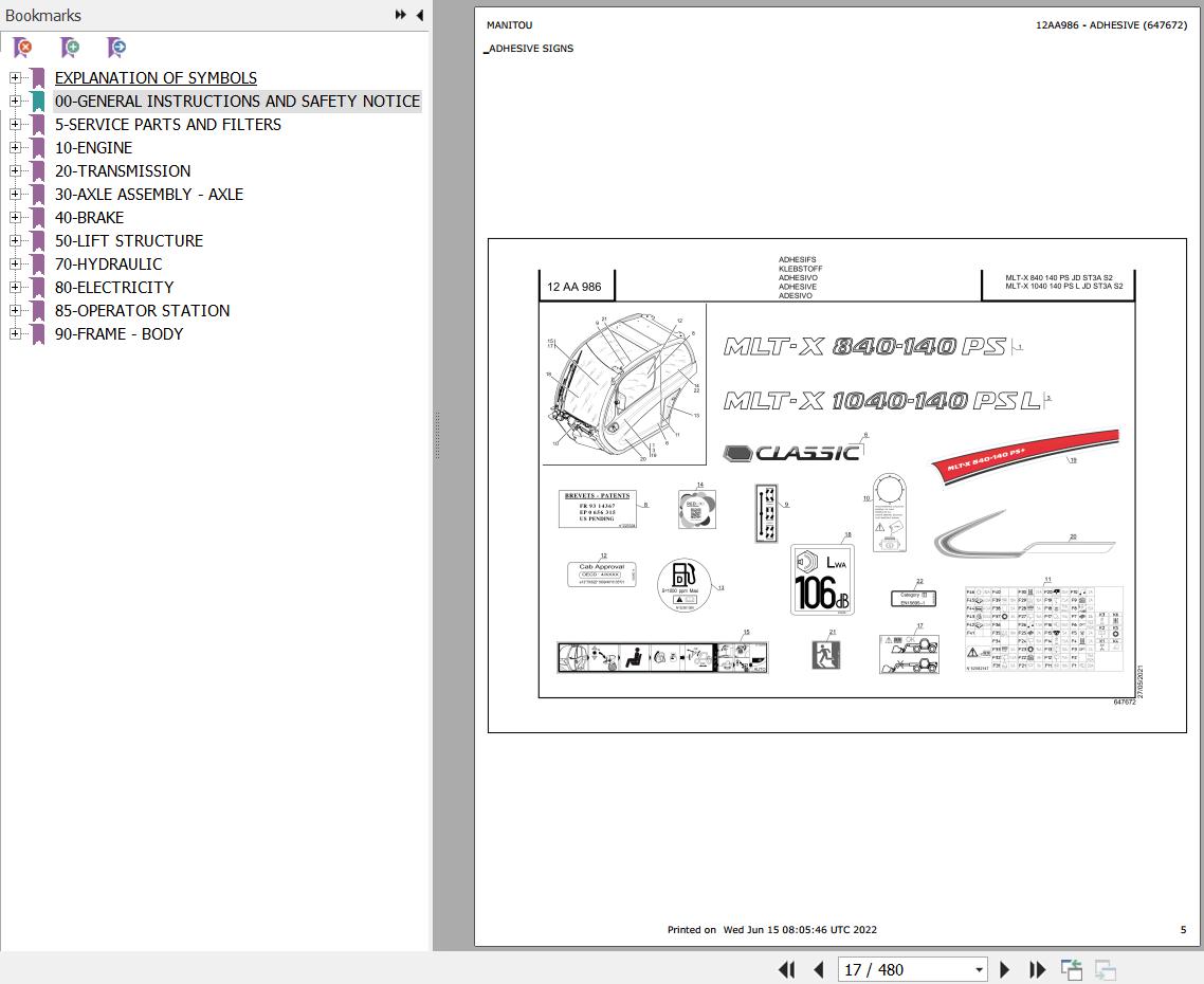 Manitou MLT X 840 140 PS JD ST3A S2 MLT X 1040 140 PS L JD ST3A S2 Parts Catalog 647672