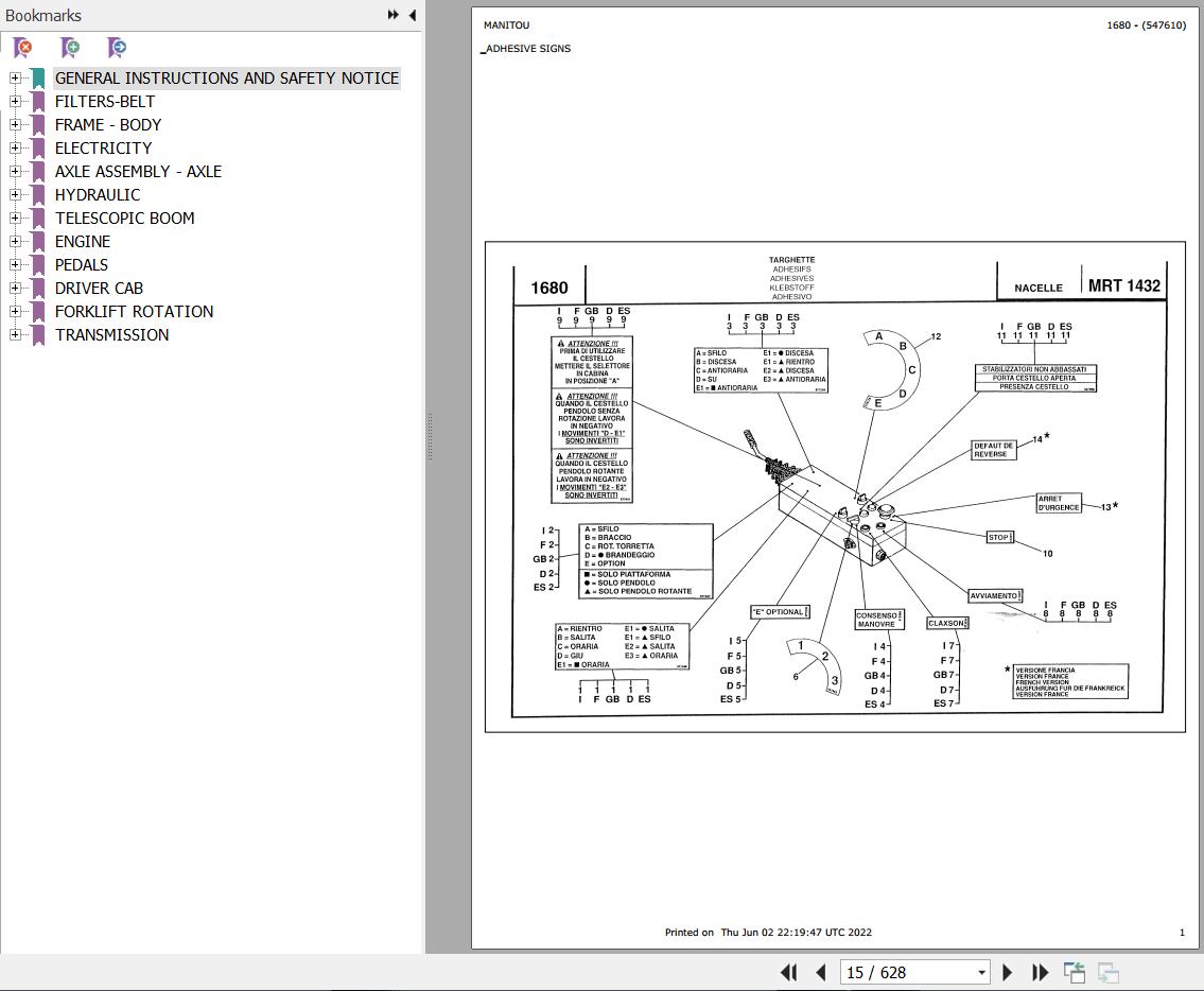 Manitou MRT 1432 TURBO COMFORT LINE MOT 1004 40T Parts Catalog 547610