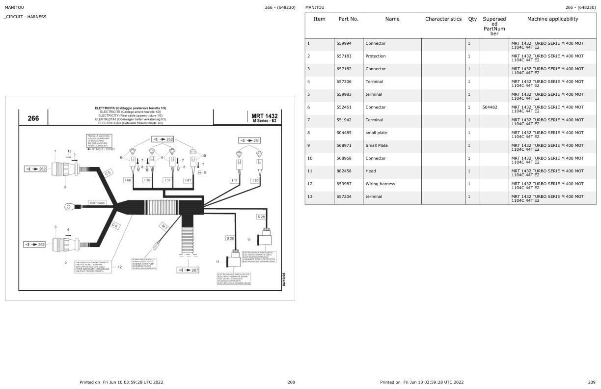 Manitou MRT 1432 TURBO SERIE M 400 MOT 1104C 44T E2 Parts Catalog 648230