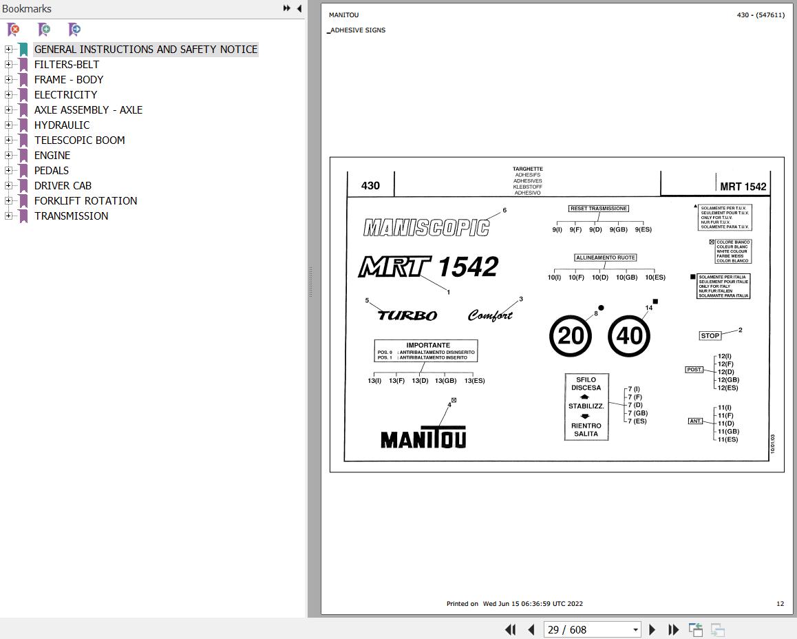 Manitou MRT 1542 TURBO COMFORT LINE MOT 1004 40T Parts Catalog 547611