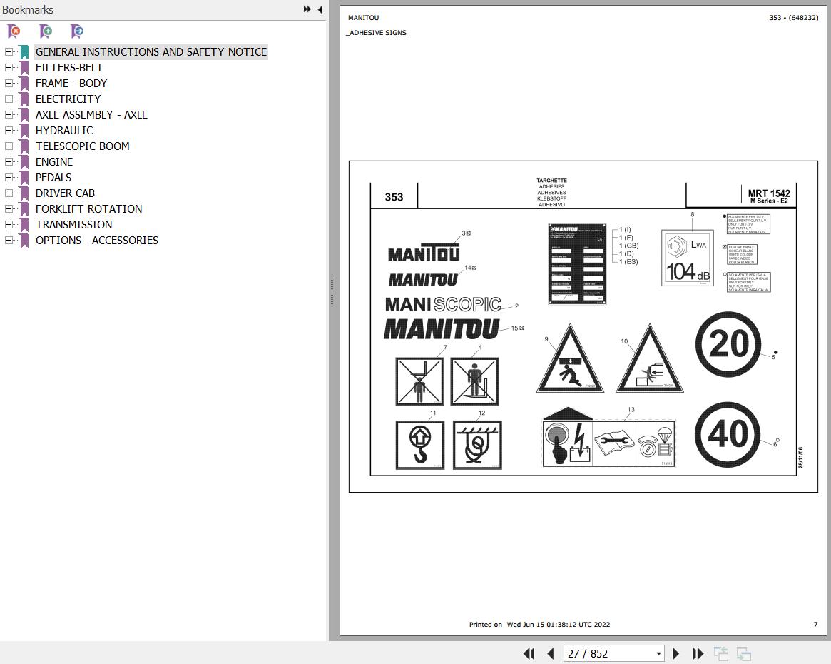 Manitou MRT 1542 TURBO SERIE M 360 MOT 1104C 44T E2 Parts Catalog 648232