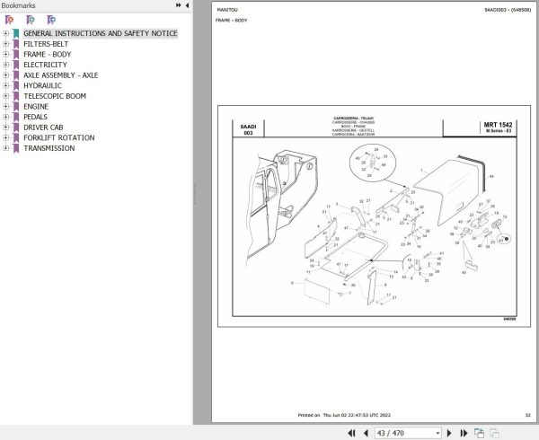 Manitou MRT 1542 TURBO SERIE M 400 MOT 1104D 44T E3 Parts Catalog 648508