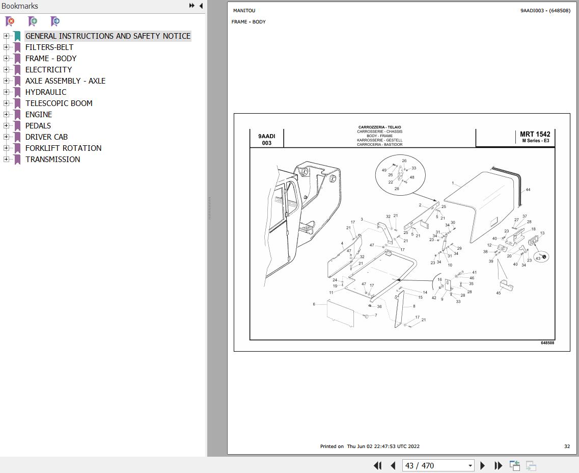 Manitou MRT 1542 TURBO SERIE M 400 MOT 1104D 44T E3 Parts Catalog 648508