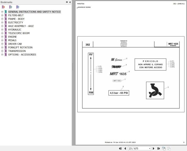 Manitou MRT 1635 TURBO SERIE M 400 MOT 1004 40T Parts Catalog 648141