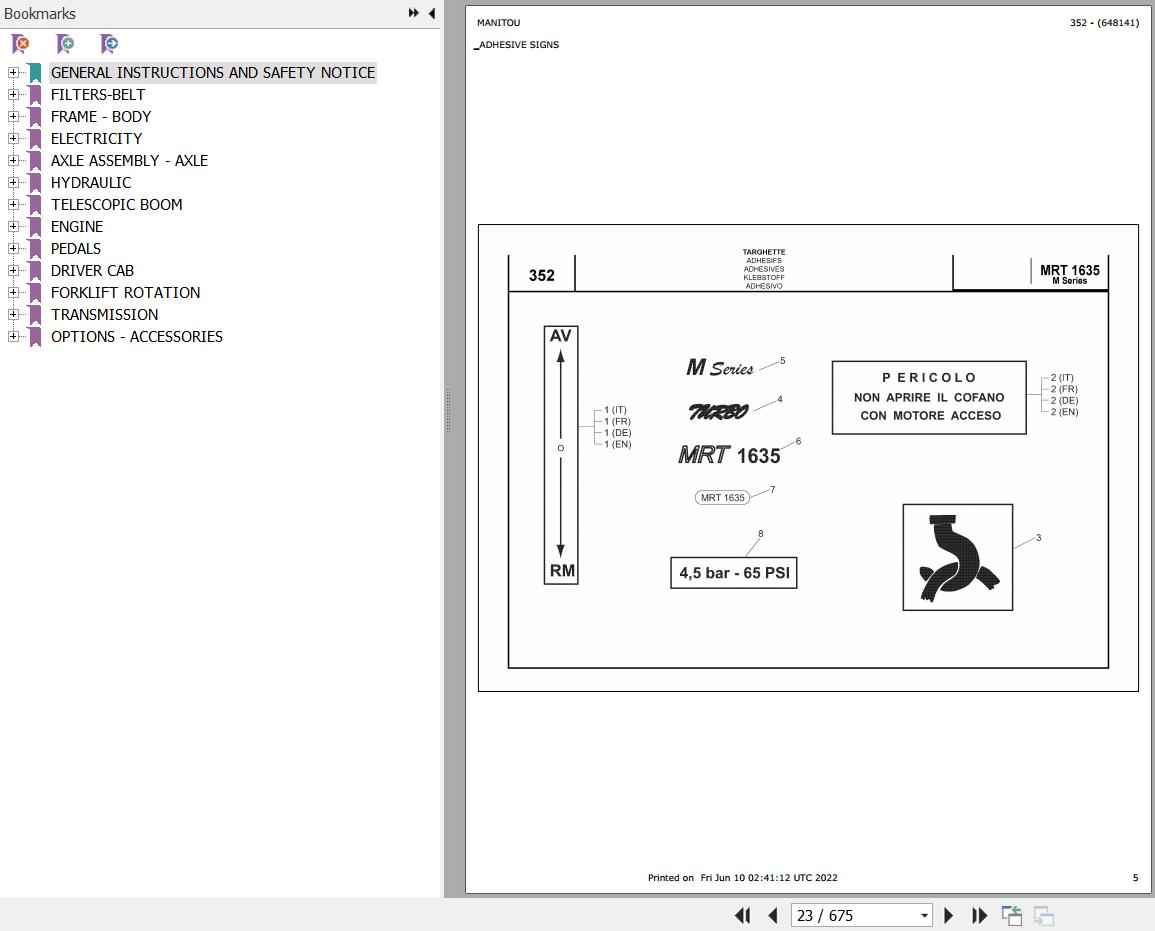Manitou MRT 1635 TURBO SERIE M 400 MOT 1004 40T Parts Catalog 648141