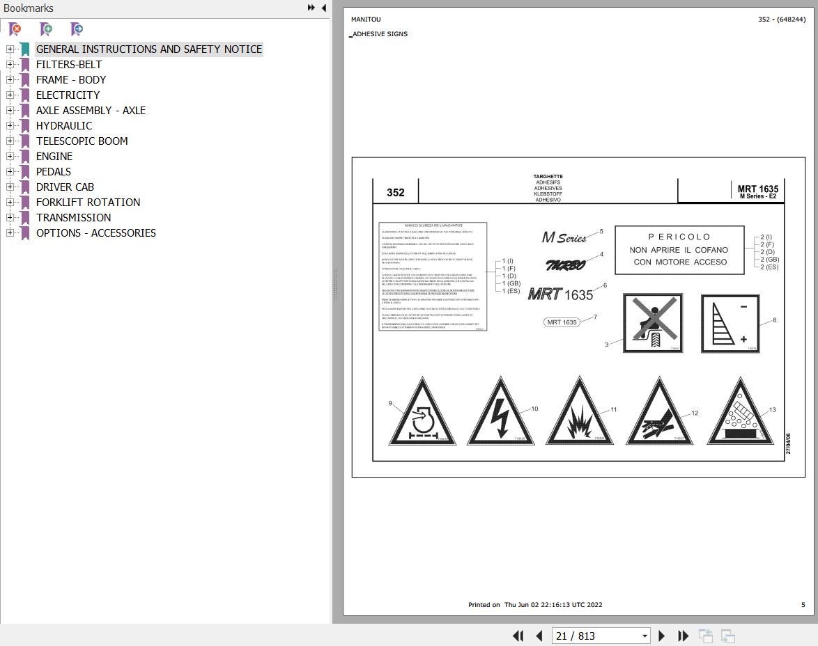 Manitou MRT 1635 TURBO SERIE M 400 MOT 1104C 44T E2 Parts Catalog 648244
