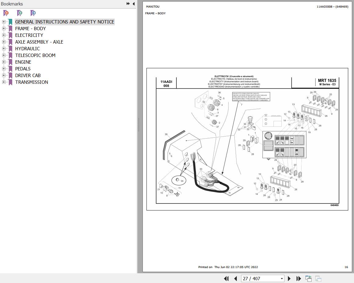 Manitou MRT 1635 TURBO SERIE M 400 MOT 1104D 44T E3 Parts Catalog 648469