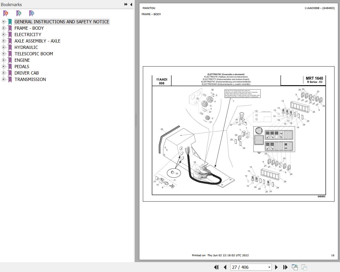Manitou MRT 1640 TURBO SERIE R 400 MOT 1104D 44T E3 Parts Catalog 648483