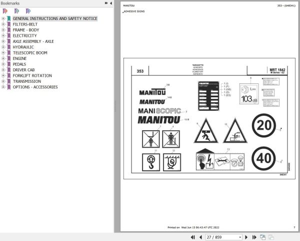 Manitou MRT 1842 TURBO SERIE M 360 MOT 1104C 44TA E2 Parts Catalog 648341