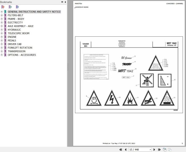 Manitou MRT 1842 TURBO SERIE M 400 MOT 1104D 44T E3 Parts Catalog 648480