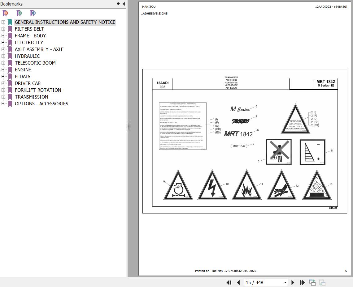 Manitou MRT 1842 TURBO SERIE M 400 MOT 1104D 44T E3 Parts Catalog 648480