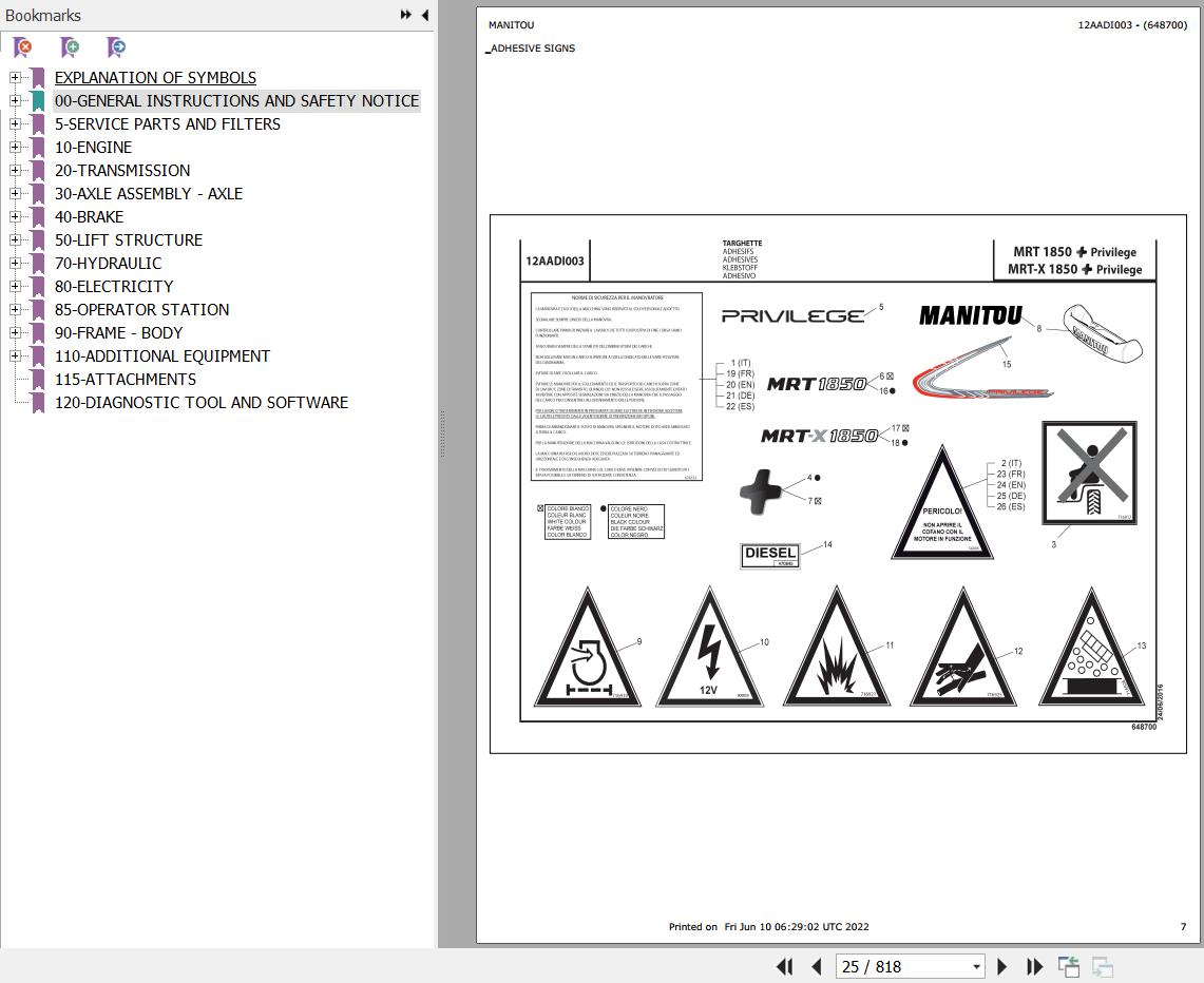 Manitou MRT 1850 PRIVILEGE PLUS MRT X 1850 PRIVILEGE PLUS Parts Catalog 648700