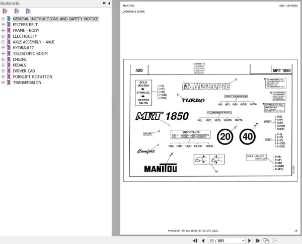 Manitou MRT 1850 TURBO COMFORT LINE MOT 1004 40T Parts Catalog 547559