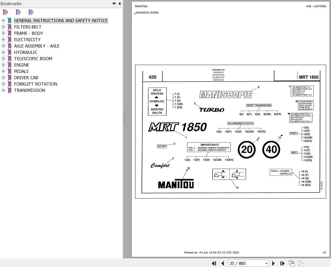 Manitou MRT 1850 TURBO COMFORT LINE MOT 1004 40T Parts Catalog 547559