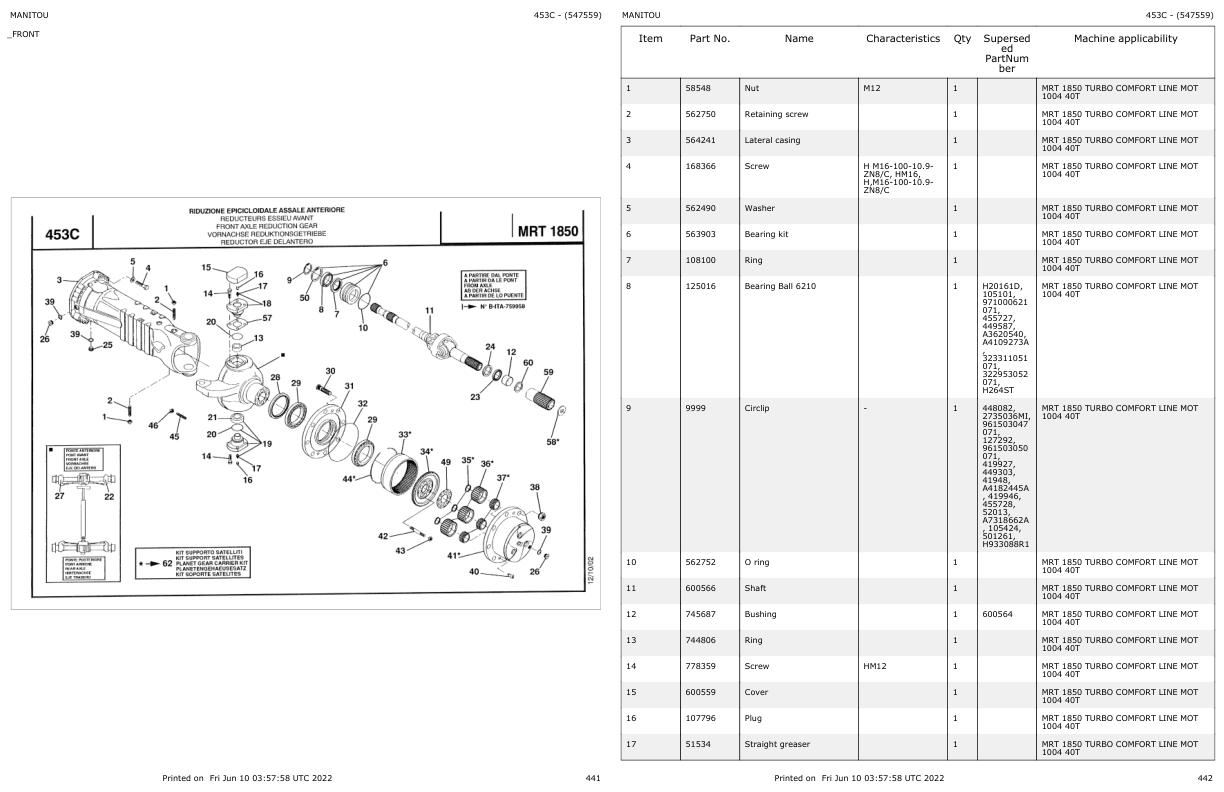 Manitou MRT 1850 TURBO COMFORT LINE MOT 1004 40T Parts Catalog 547559