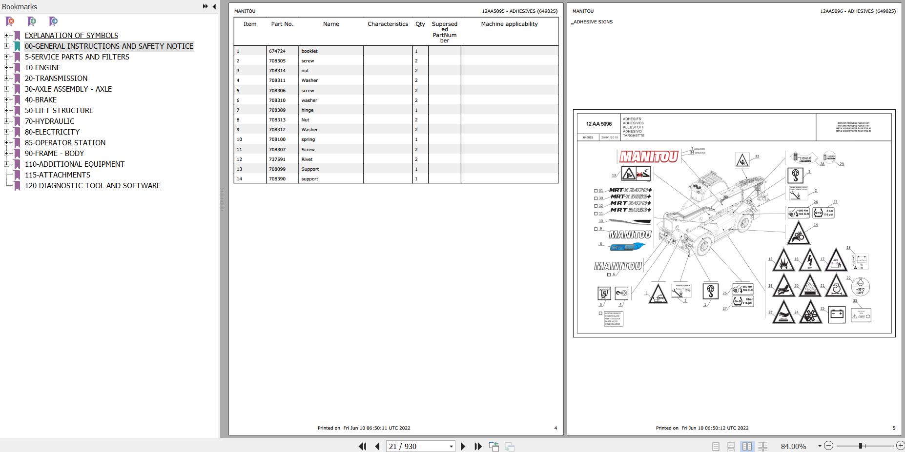Manitou MRT 2470 to MRT X 3050 PRIVILEGE PLUS ST3A S1 Parts Catalog 649025