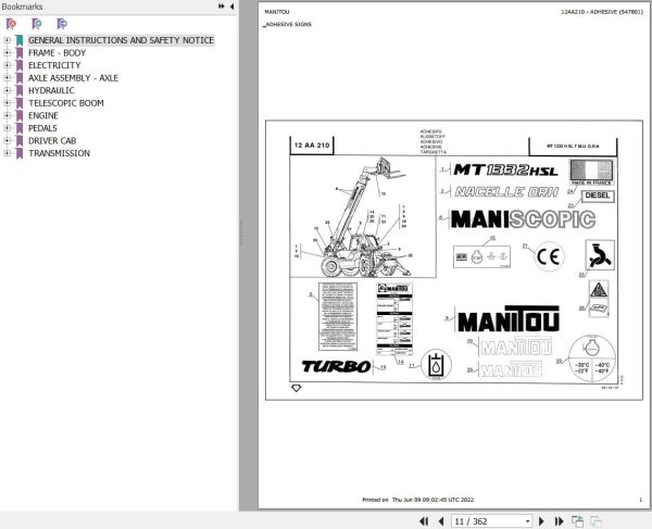 Manitou MT 1332 H SL TURBO MONO ULTRA ORH ARMEE FRANCAISE Parts Catalog 547801