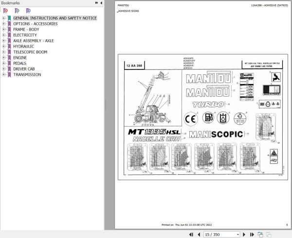 Manitou MT 1335 H SL TURBO MONO ULTRA ORH S2 E2 ARMEE Parts Catalog 547925