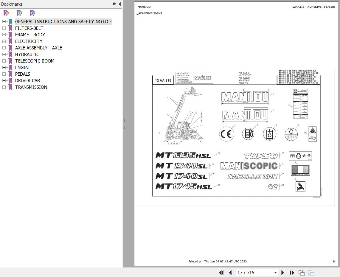 Manitou MT 1335 H SL TURBO ULTRA ORH RC S2 E2 Parts Catalog 547858