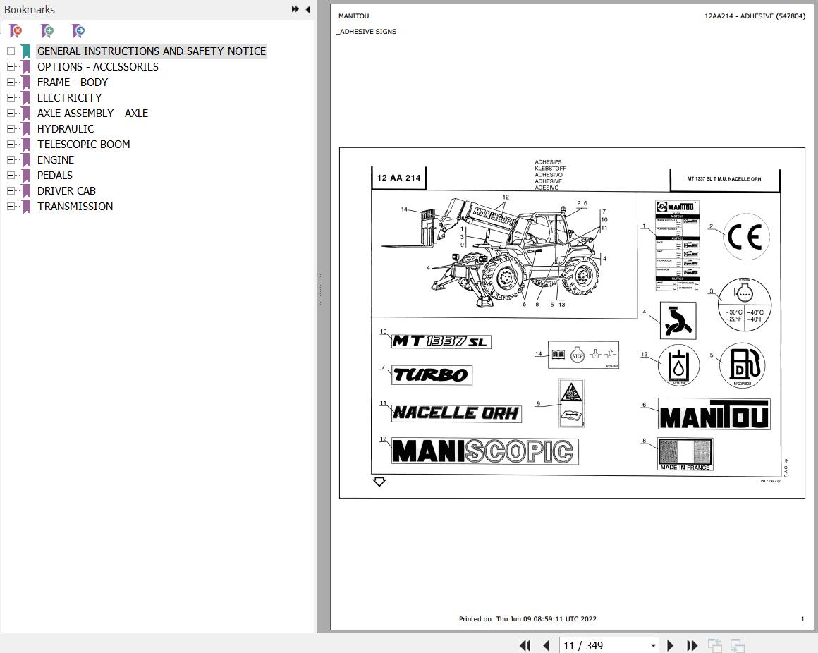 Manitou MT 1337 SL TURBO MONO ULTRA ORH BENELUX Parts Catalog 547804