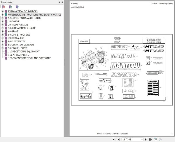 Manitou MT 1435 100P ST3B S1 to MT 1840 100P ST3B S2 Parts Catalog 647500