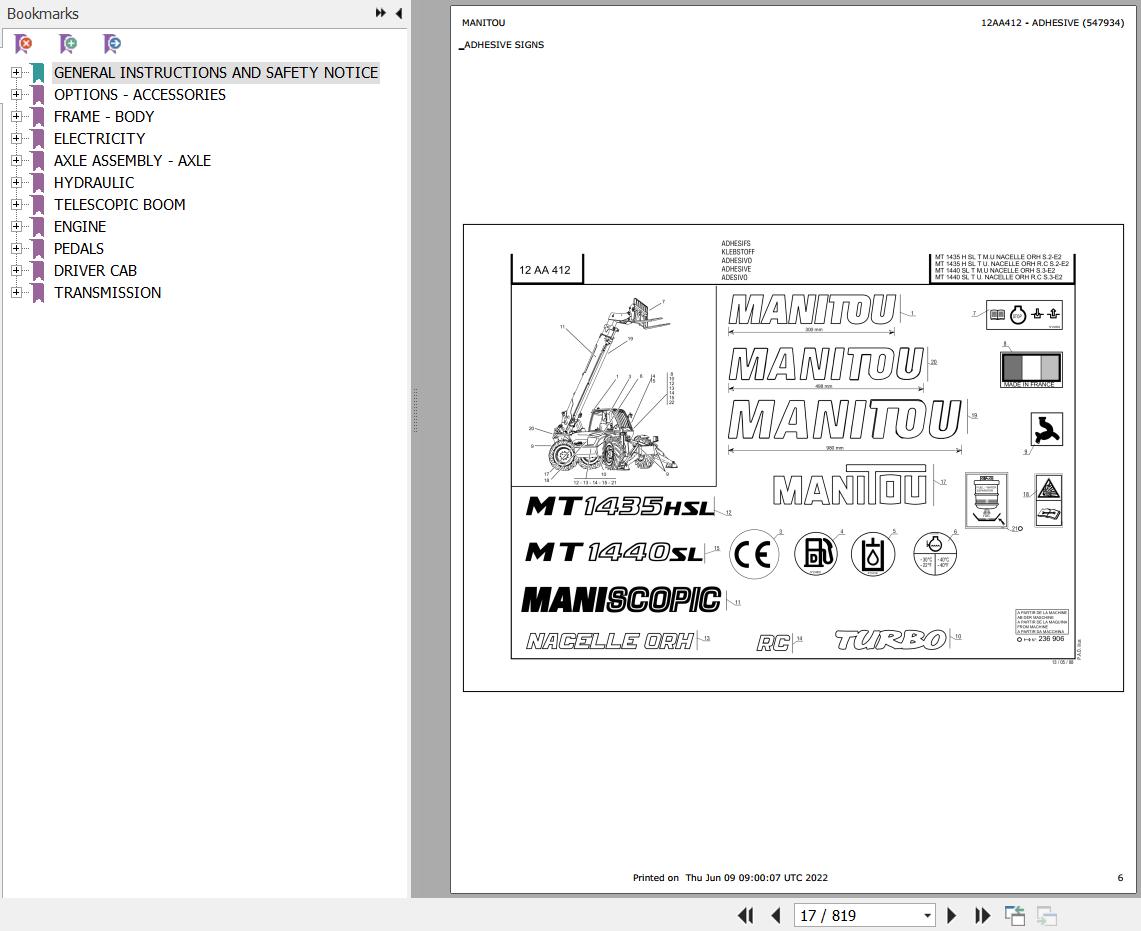 Manitou MT 1435 H SL TURBO ULTRA ORH RC S2 E2 Parts Catalog 547934