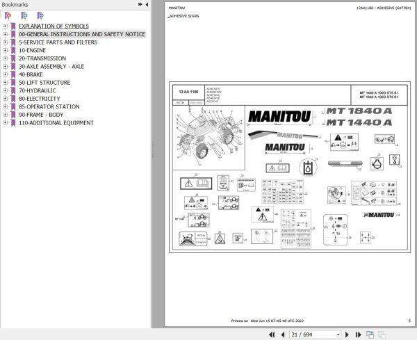 Manitou MT 1440 A 100D ST5 S1 MT 1840 A 100D ST5 S1 Parts Catalog 647784 1