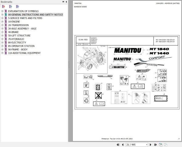 Manitou MT 1440 EASY 75D ST5 S1 to MT 1840 100D ST5 S1 Parts Catalog 647760