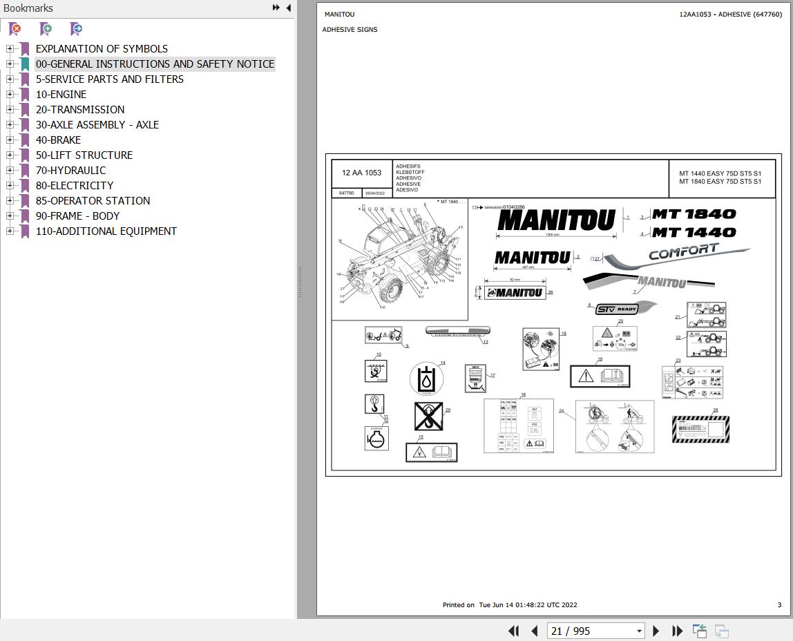 Manitou MT 1440 EASY 75D ST5 S1 to MT 1840 100D ST5 S1 Parts Catalog 647760