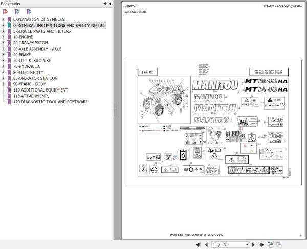 Manitou MT 1440 HA 100P ST4 S1 MT 1840 HA 100P ST4 S1 Parts Catalog 647596