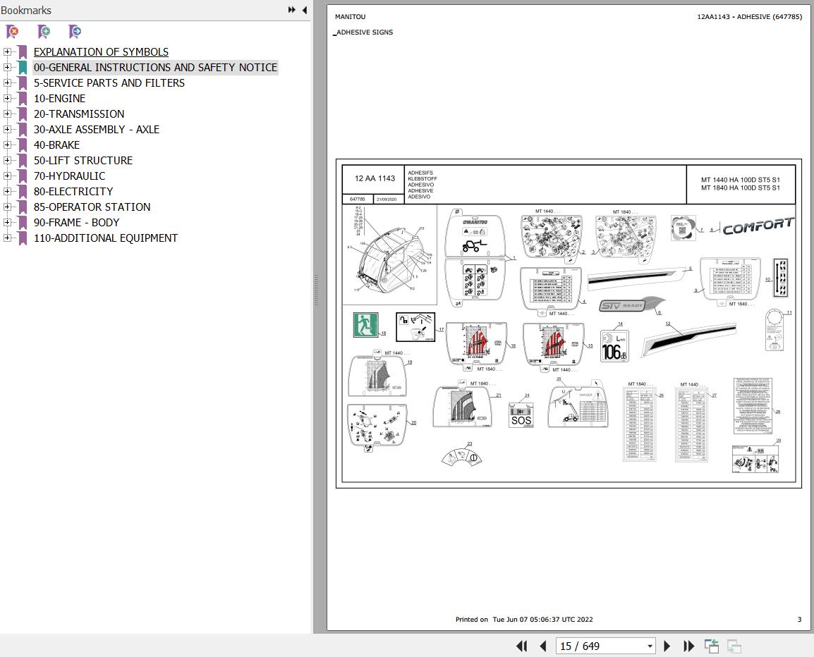 Manitou MT 1440 HA ST5 S1 MT 1840 HA 100D ST5 S1 Parts Catalog 647785