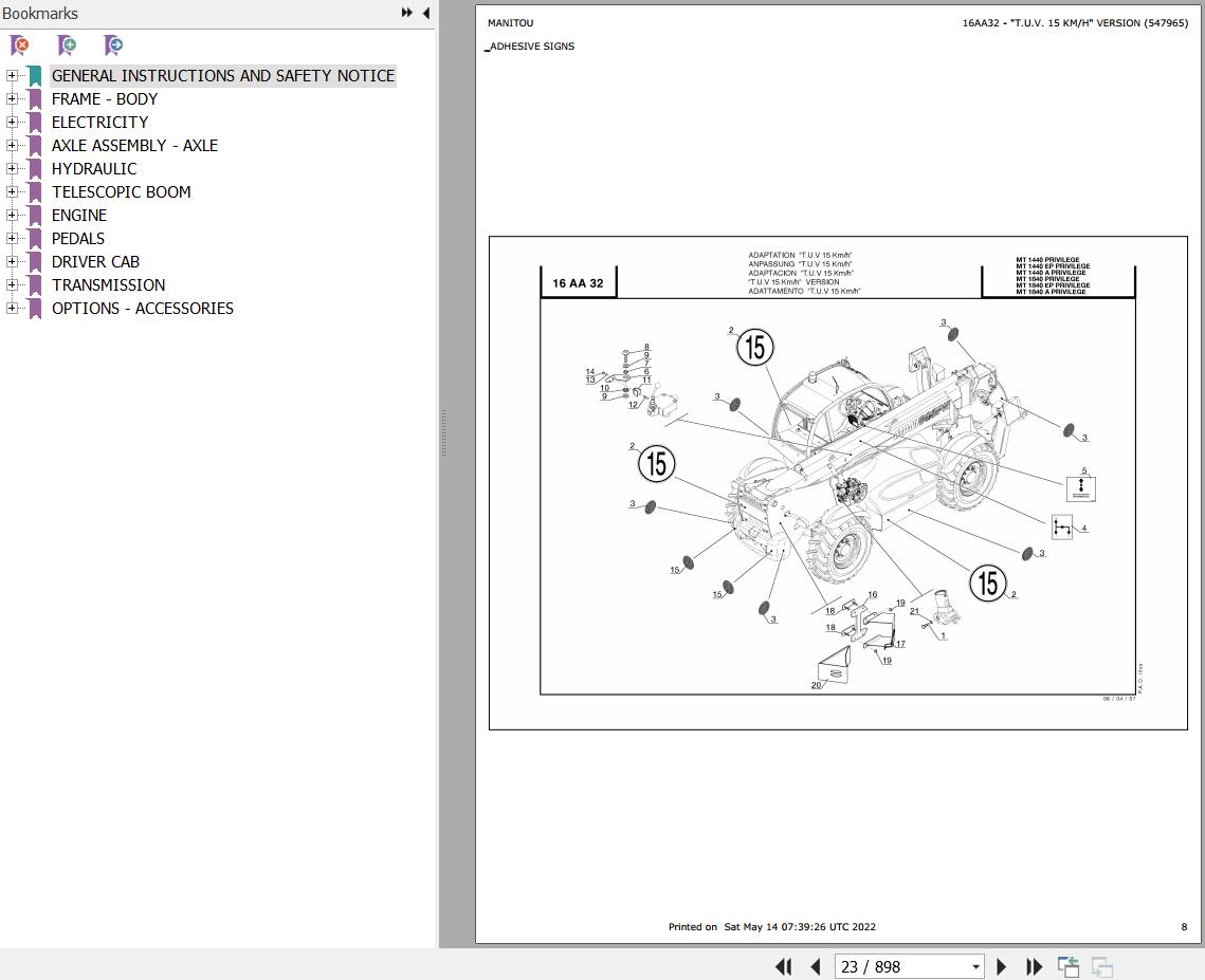 Manitou MT 1440 PRIVILEGE to MT 1840 EP PRIVILEGE Parts Catalog 547958