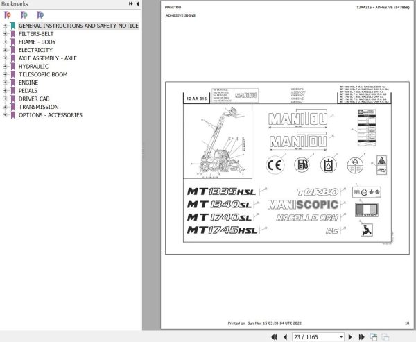 Manitou MT 1740 SL TURBO MONO ULTRA ORH S3 E2 Parts Catalog 547858