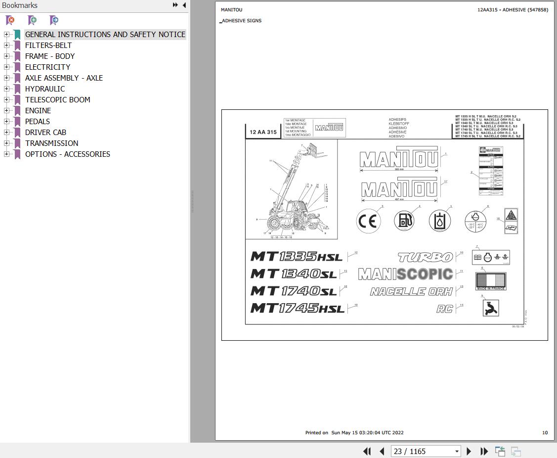Manitou MT 1740 SL TURBO MONO ULTRA ORH S3 E2 Parts Catalog 547858