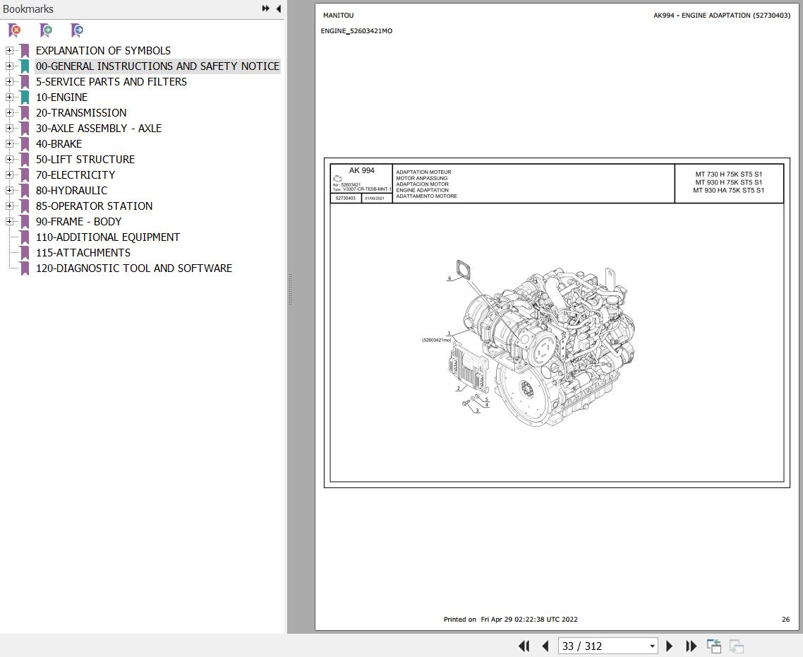 Manitou MT 730 H to MT 930 HA 75K ST5 S1 Parts Catalog 52730403