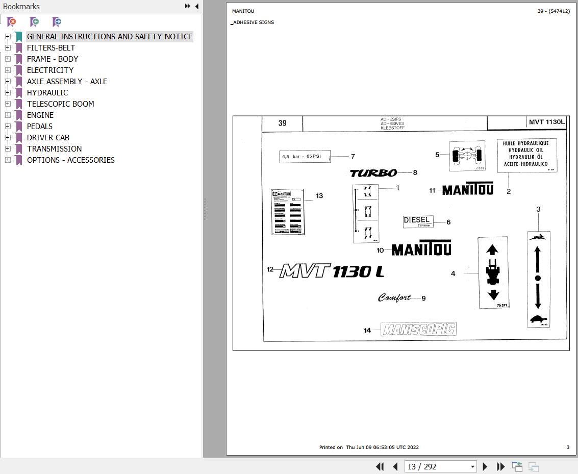 Manitou MVT 1130 L COMFORT LINE MOT 1004 4 USA Parts Catalog 547412